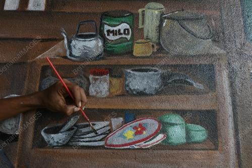 LUKISAN MURAL RUMAH KAYU KLASIK